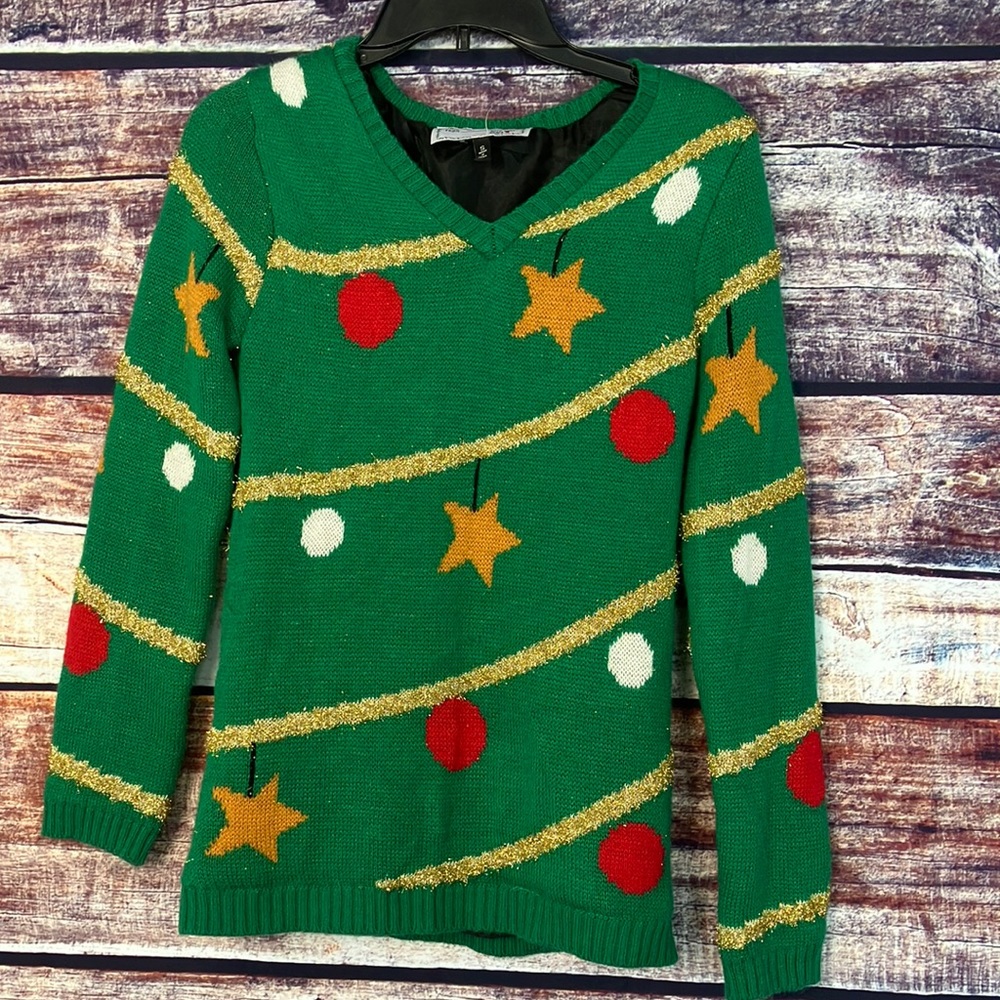 DEREK Holiday Sweater VTG Small S Ugly Christmas Vintage Tree Ornaments